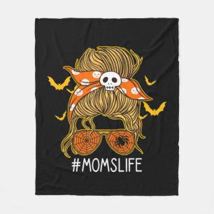 Messy Hair Bun Mom Life spooky Halloween Fleece Blanket