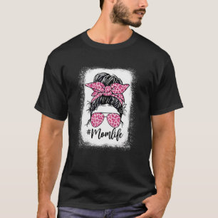 Messy Hair Bun Mum Life Pink Leopard Mother's Day  T-Shirt
