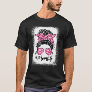 Messy Hair Bun Mum Life Pink Leopard Mother's Day  T-Shirt