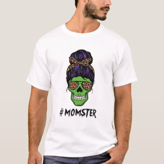 Messy Hair Bun Skull Momster Leopard Print Glasses T-Shirt