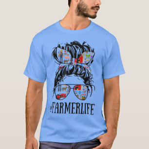 Messy Hair Woman Bun Farmer Life Farm  T-Shirt