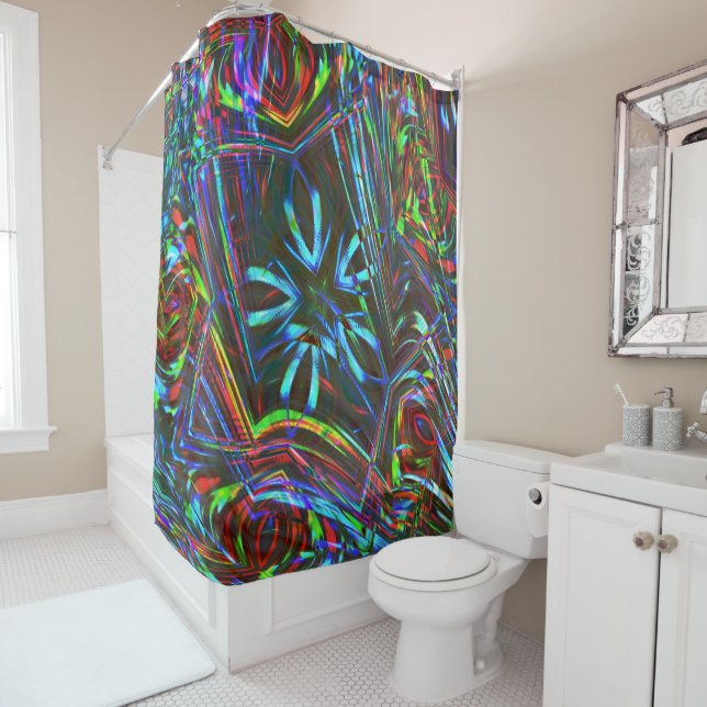 Messy strokes of colourful neon on dark background shower curtain (In Situ)