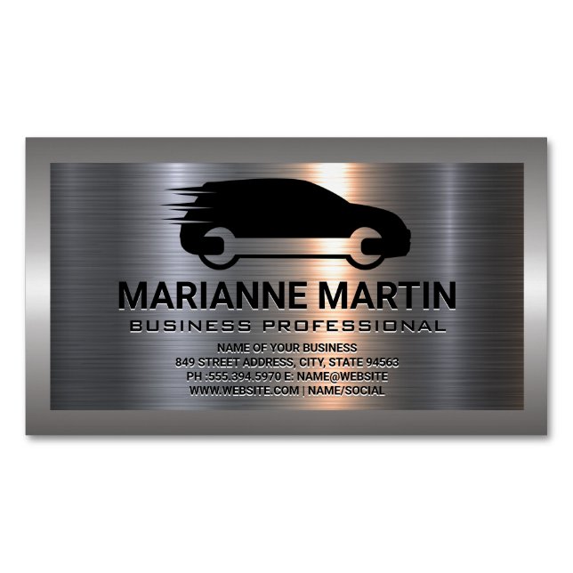 Metal Aluminium Silver Brushed | Auto Service  Magnetic Business Card (Front)