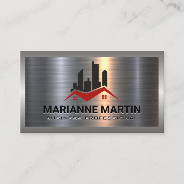 Metal Aluminium Silver Brushed | Real Estate Logo Business Card (Front)