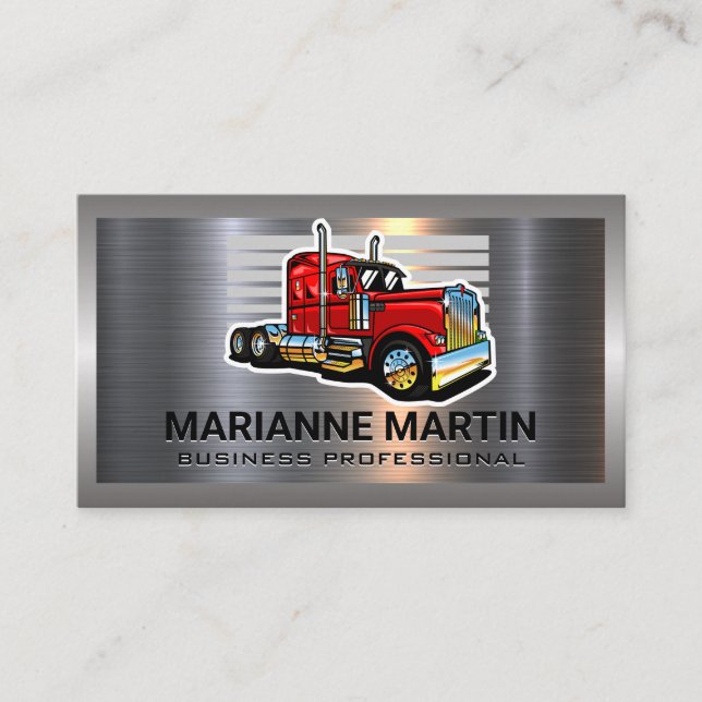 Metal Aluminium Silver Brushed | Red Semi Truck Business Card (Front)
