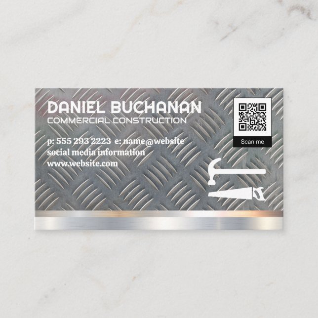 Metal Background | Hammer Saw | QR Code Business Card (Front)