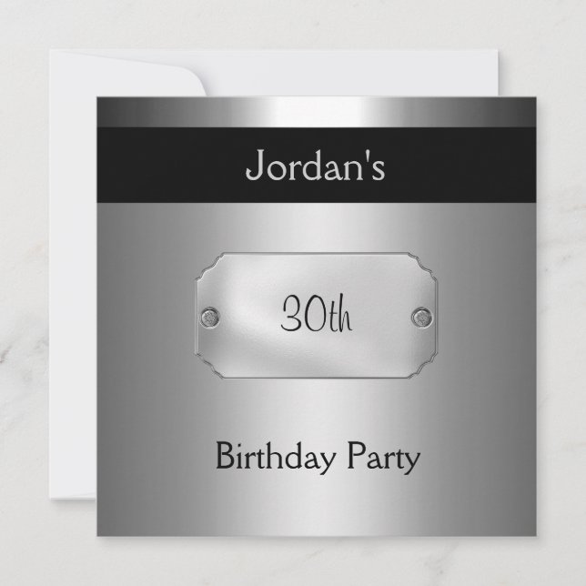 Metal Black Silver 30th Birthday Party 3 Invitation (Front)