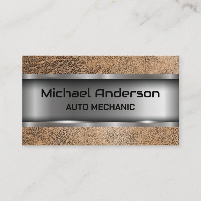 Metal | Brown Leather Business Card (Front)