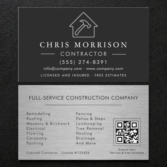 Metal Building Construction Black Silver QR Code Business Card (Creator Uploaded)