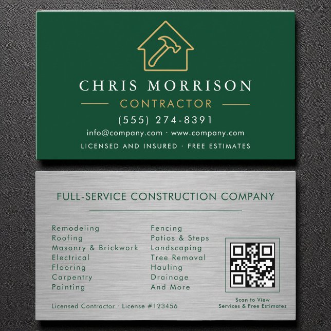 Metal Building Construction Green Gold QR Code Business Card (Creator Uploaded)