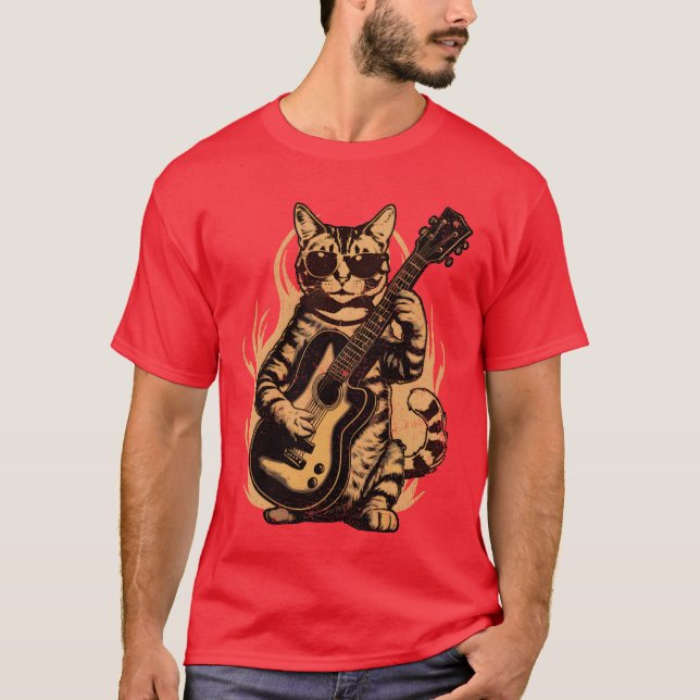 Metal Cat Plays Acoustic Guitar Rock Cute friend T-Shirt (Front)