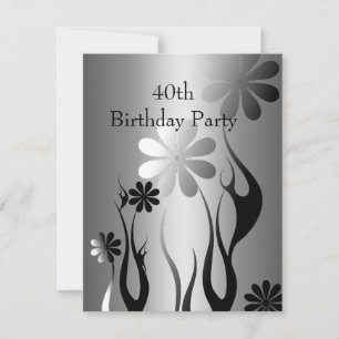 Metal Chrome Black White Style Silver 40th Floral Invitation