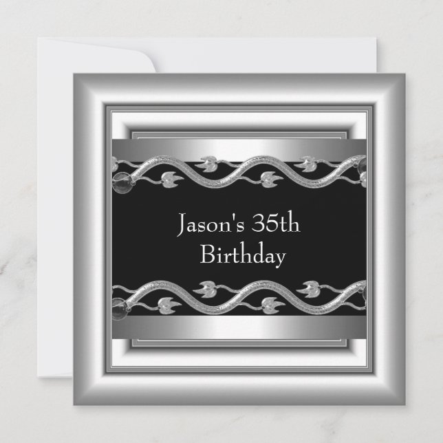 Metal Chrome Black White Style Silver Mens 35th 5 Invitation (Front)