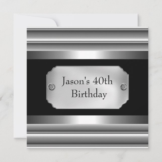 Metal Chrome Black White Style Silver Mens 40th Invitation (Front)