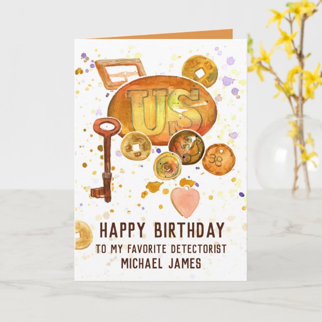 Metal Detecting Happy Birthday Custom Name Card (Yellow Flower)