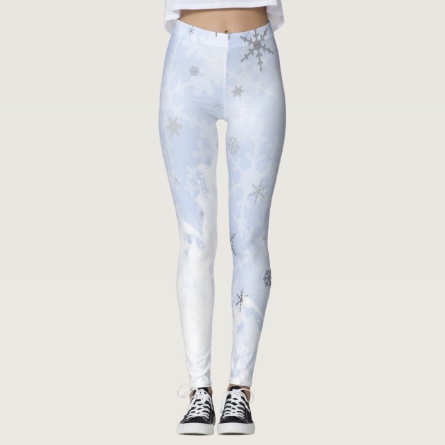 Metal effect snowflakes on baby blue leggings (Front)