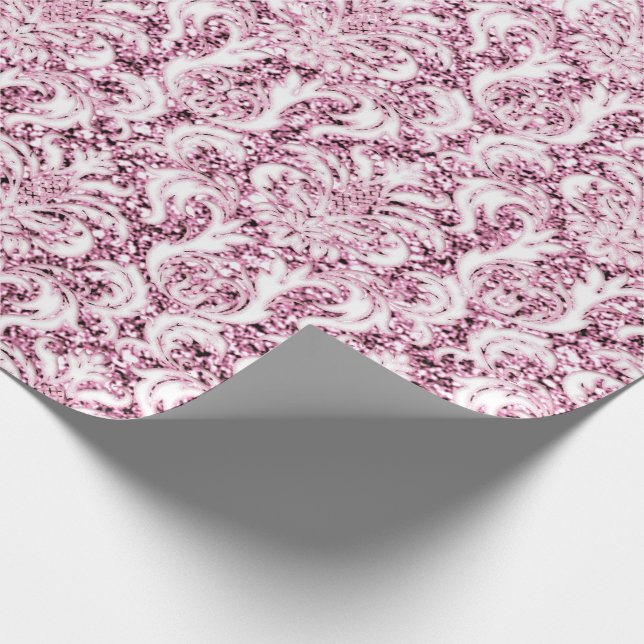 Metal Glitter Pink Rose Gold White Damask Elegant Wrapping Paper (Corner)