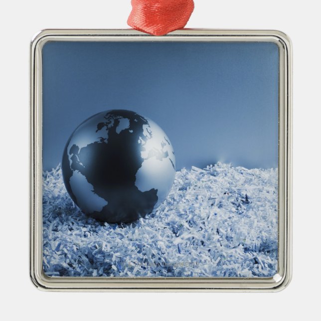 Metal globe on shredded paper tree decoration (Front)