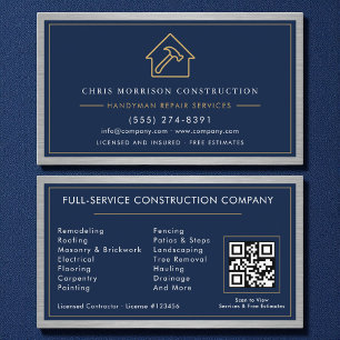 Metal Handyman Navy Blue Gold QR Code  Business Card