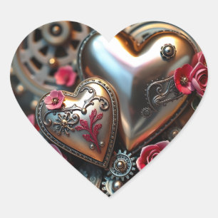 Metal Hearts and Pink Flowers Steampunk Heart Sticker