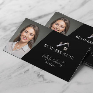 Metal House Logo Real Estate Realtor Black Photo Business Card