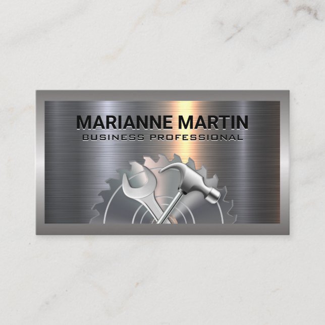 Metal | Industrial Saw Hammer Wrench Business Card (Front)
