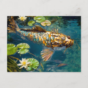 Metal Koi in Pond and water lilith Postcard