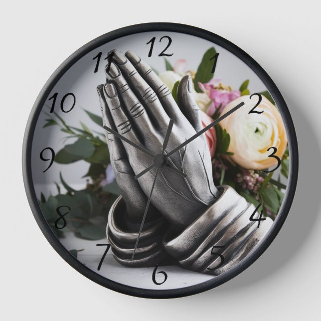 Metal-looking Praying Hands with Peony Florals Clock (Front)