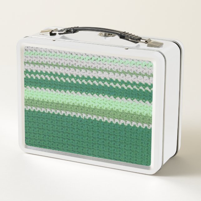 Metal Lunch Box - Crochet Green and White Stripe (Back)
