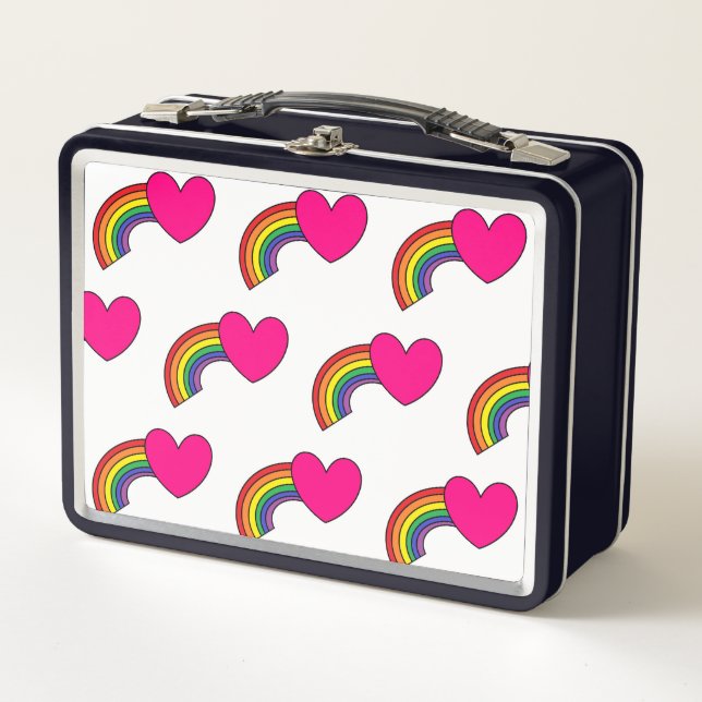 Metal Lunch Box With Rainbows and Pink Hearts (Front)
