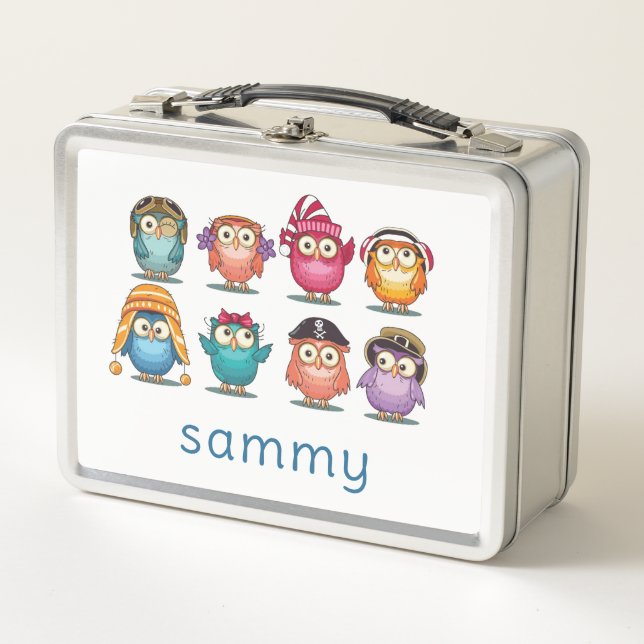 METAL LUNCHBOX : CUTE CARTOON OWLS (Front)