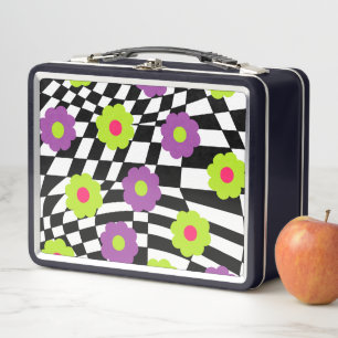 Metal Lunchbox with Retro Checkers and Flowers
