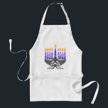 Metal Menorah Aprons<br><div class="desc">Digital Chanukah art - hammered metal menorah with patterned purple candles,  all burning.</div>