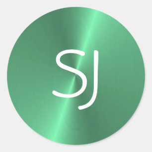 Metal monogram green shiny classic round sticker