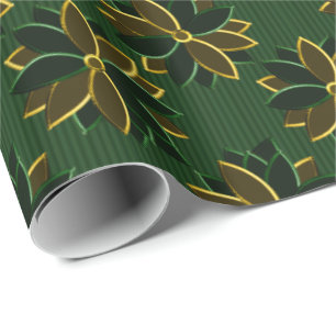 Metal Poinsettia Flowers 12, Green-Gold-GIFT WRAP Wrapping Paper