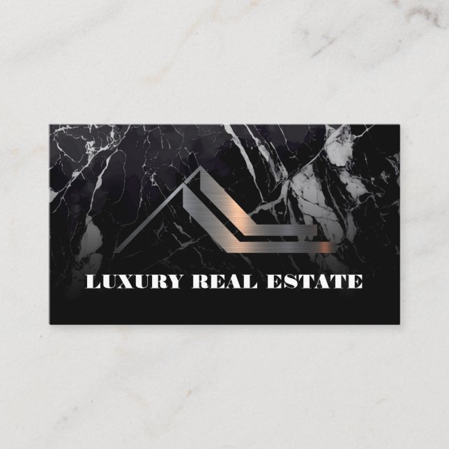 Metal Real Estate Logo | Black Marble Business Card (Front)