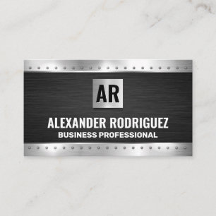 Metal Rivets Black Texture Monogram Business Card