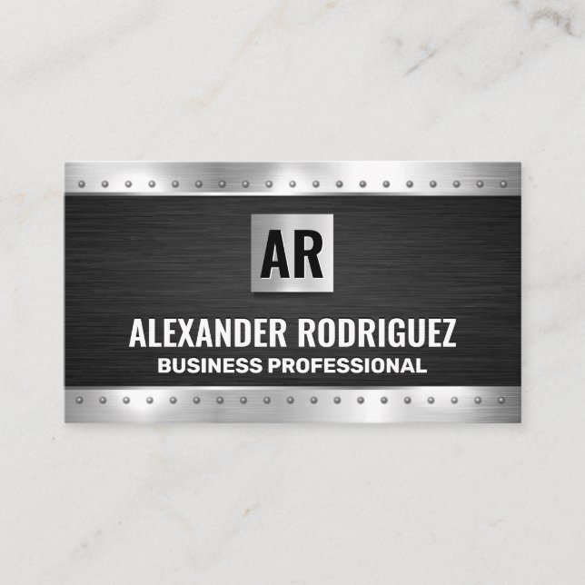 Metal Rivets | Black Texture | Monogram Business Card (Front)