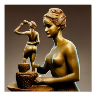 Metal sculptures of a small and large woman.  poster