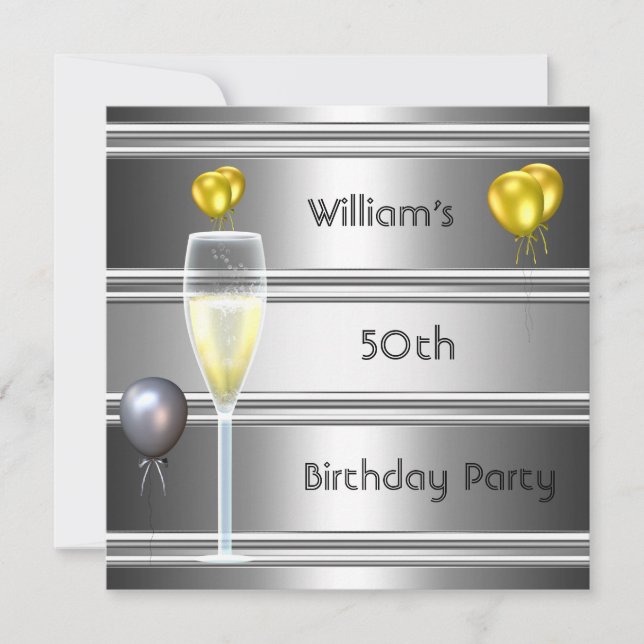 metal Silver Black 50th Birthday Mens Invitation (Front)