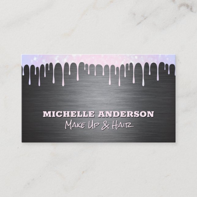 Metal Silver Brushed | Bokeh Sparkle Drip Business Card (Front)