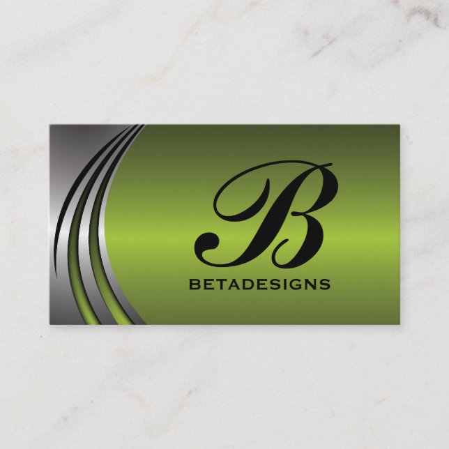 Metal silver grey, green eye-catching monogram business card (Front)
