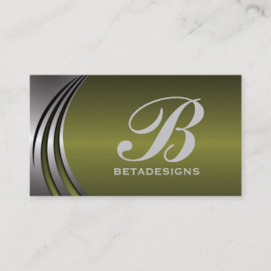Metal silver grey, olive green monogram business card
