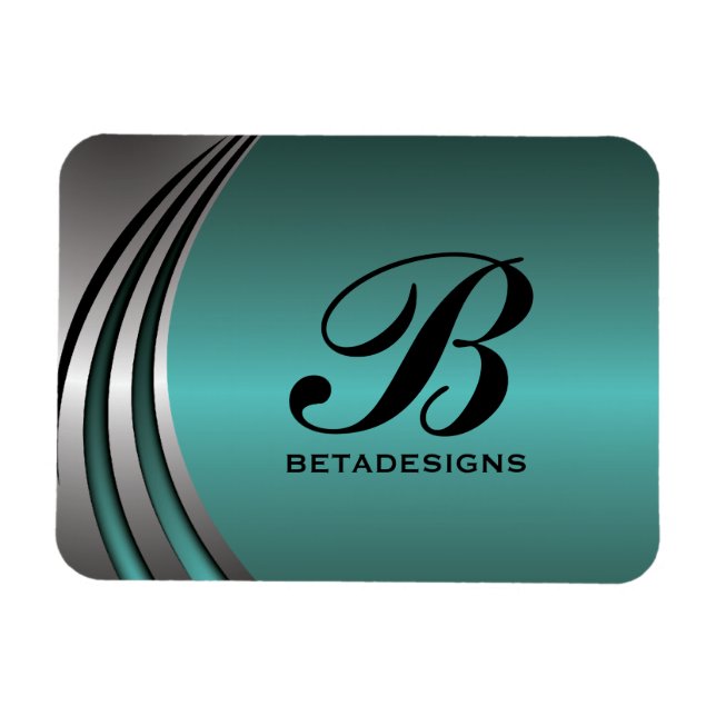 Metal silver grey teal, monogram custom magnet (Horizontal)