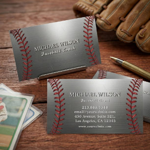 Metal Silver & Red Stitch Design Baseball Coach    Business Card
