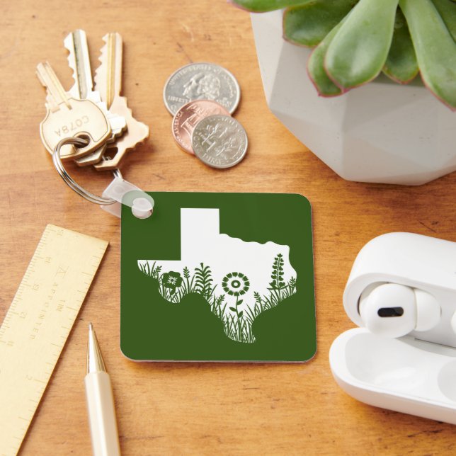 Metal Square Keychain Texas Outline Forest Green (Desk)