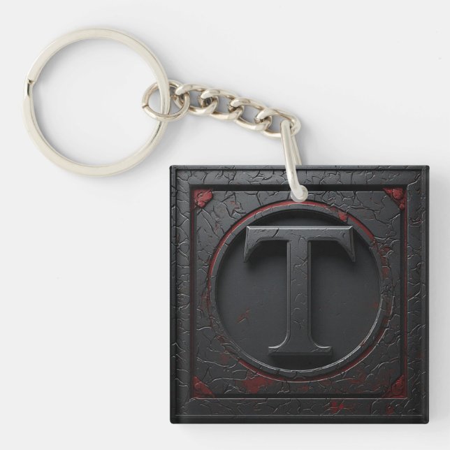 🛡️ Metal T Monogram Shield Emblem Red Accent 🔑 Key Ring (Front)