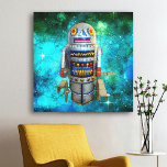 Metal toy robot blue bubble galaxy vintage retro canvas print<br><div class="desc">I love cute, retro faces on vintage, childhood metal toy wind-up robots. Here’s one of my favourites, set against a turquoise blue bubble galaxy sky. Add some style to your room with this fun, colourful, photo illustration canvas wall art. Makes a great, trendy gift, even for yourself! You can easily...</div>