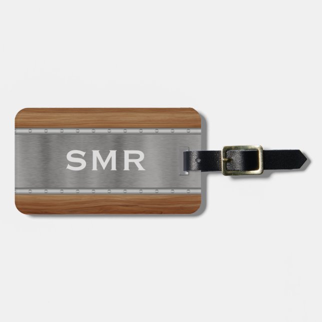 Metal Wood Look Modern Personalised Monogram   Luggage Tag (Front Horizontal)