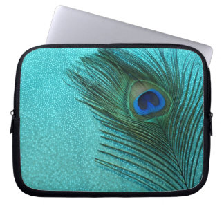 Metallic Aqua Blue Peacock Feather Laptop Sleeve